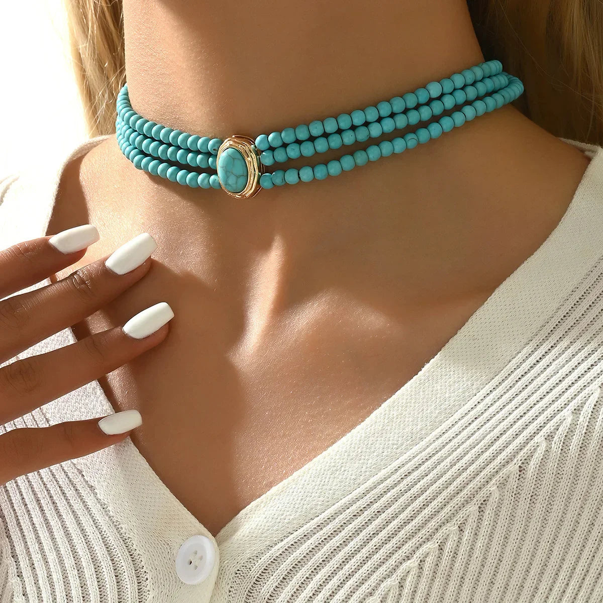 Turquoise Triple-Strand Choker Necklace