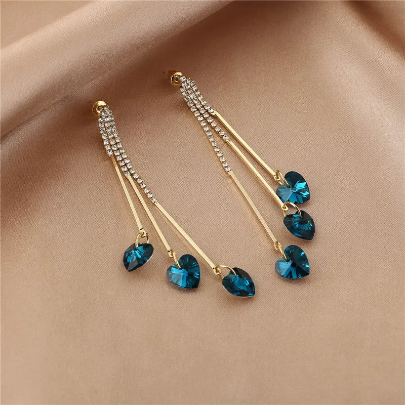 Elegant Blue Crystal Heart Rain Earrings