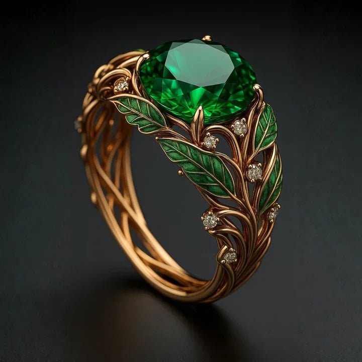 Green Exotic Enamel Crystal Gold Ring
