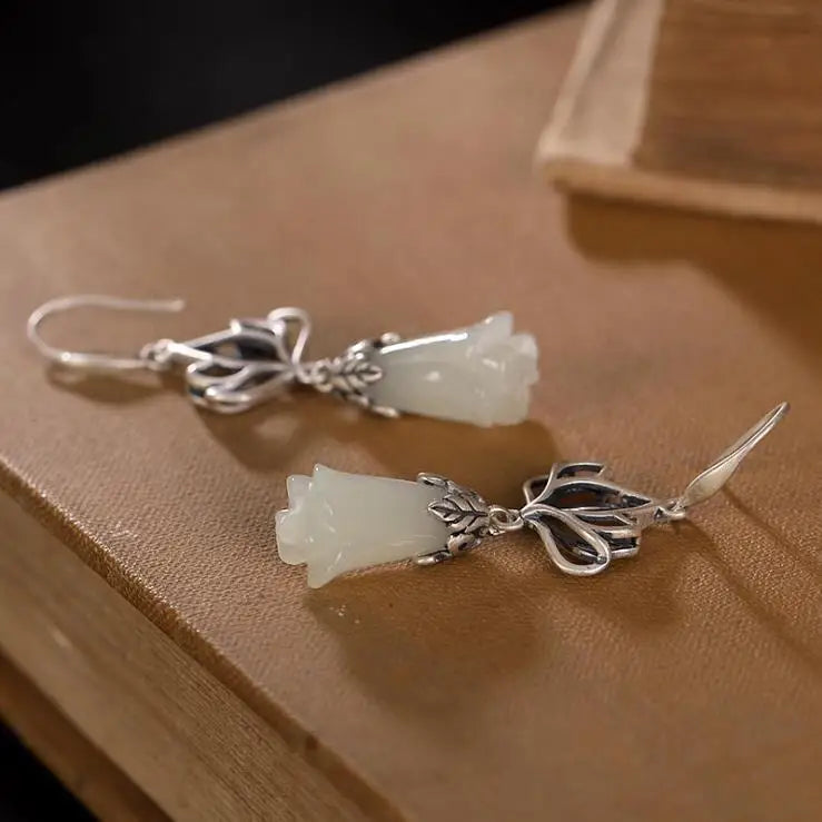 White Jade Magnolia Flower Earrings