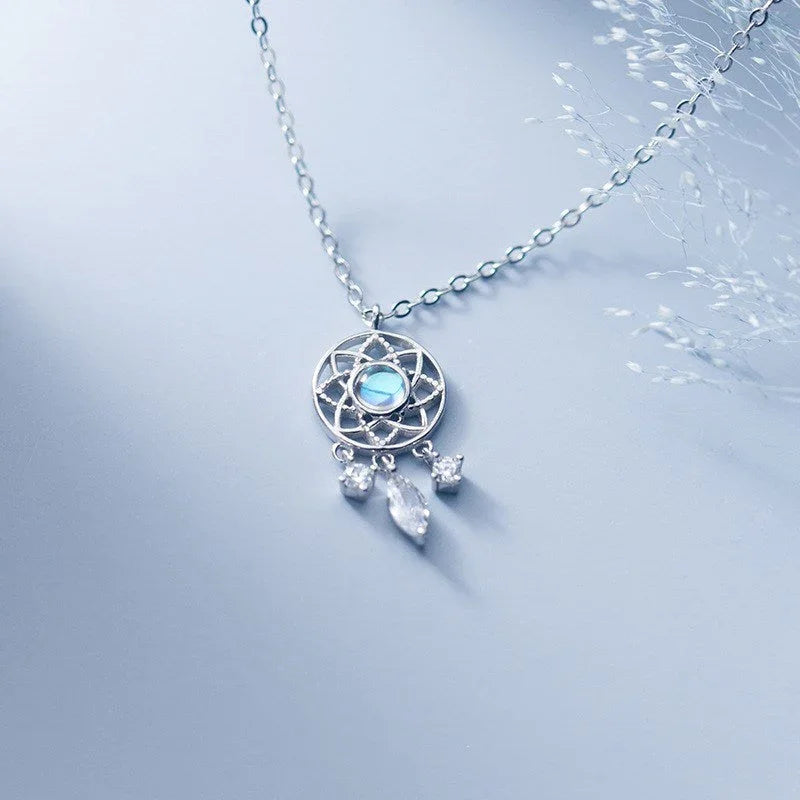 Silver Moonstone Dreamcatcher Pendant Necklace