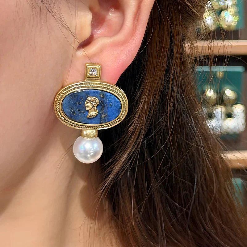 Antique Lapis Lazuli Cameo Necklace Earrings Set