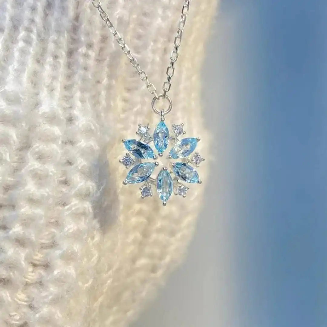 Blue Snowflake White Gold Flower Pendant Necklace