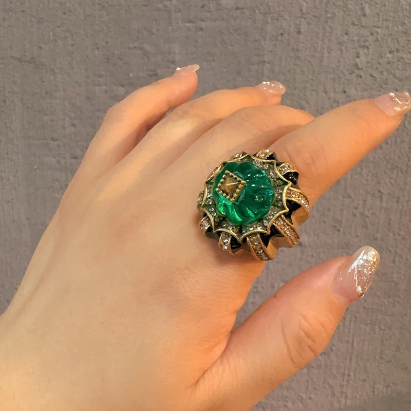 Emerald Green Carved Crystal Ring