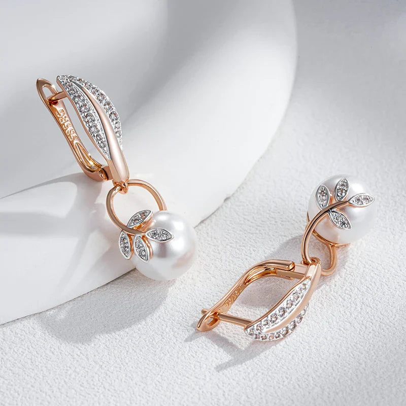 Crystal Leaf Pearl Dangle Earrings