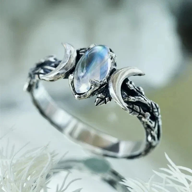 Celestial Crescent Moon Moonstone Ring