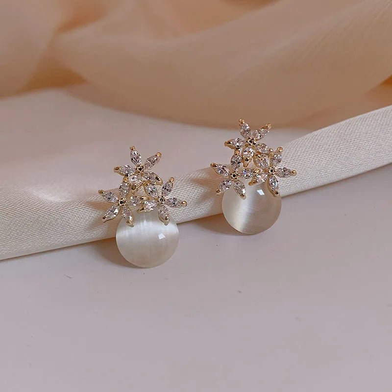 Floral Opal Pearl Drop Stud Earrings
