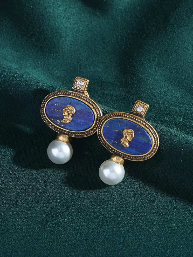 Antique Lapis Lazuli Cameo Necklace Earrings Set