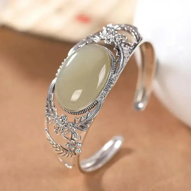 Silver Inlaid Jade Hollow Bangle