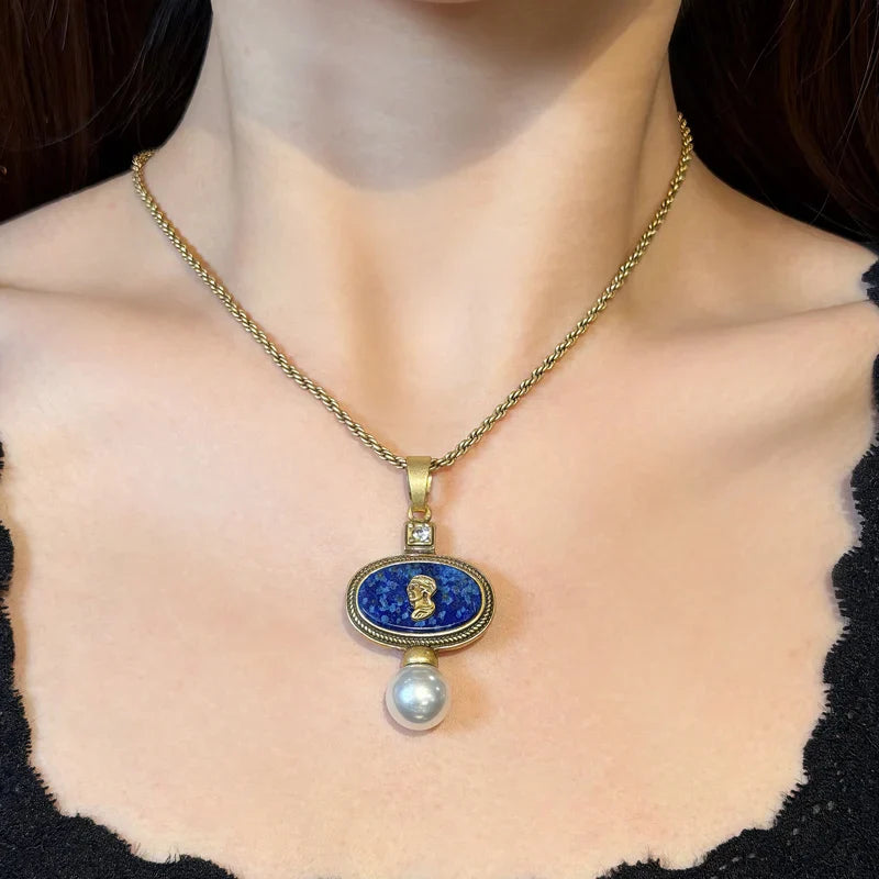 Antique Lapis Lazuli Cameo Necklace Earrings Set