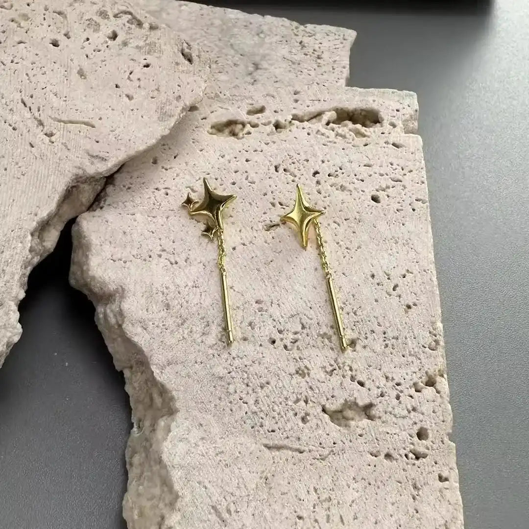 Sterling Silver Gold Star Chain Earrings