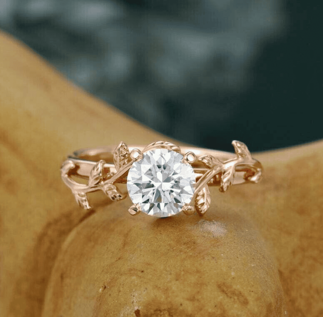 Leaf Vine Solitaire Crystal Ring