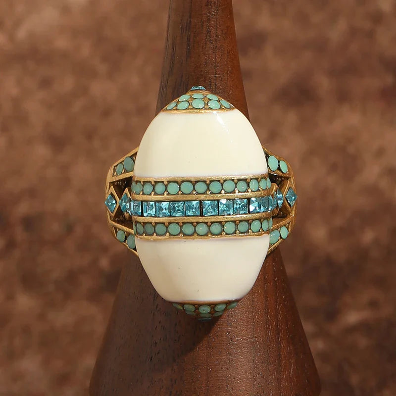 White Enamel Opal Ring