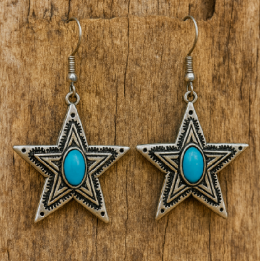 Antiqued Silver Turquoise Star Earrings