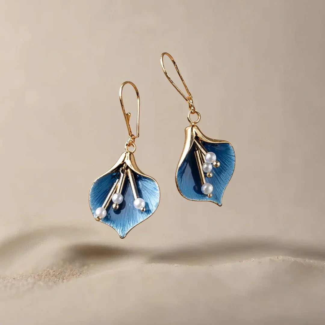 Gold Blue Lily Drop Earrings with Pearls