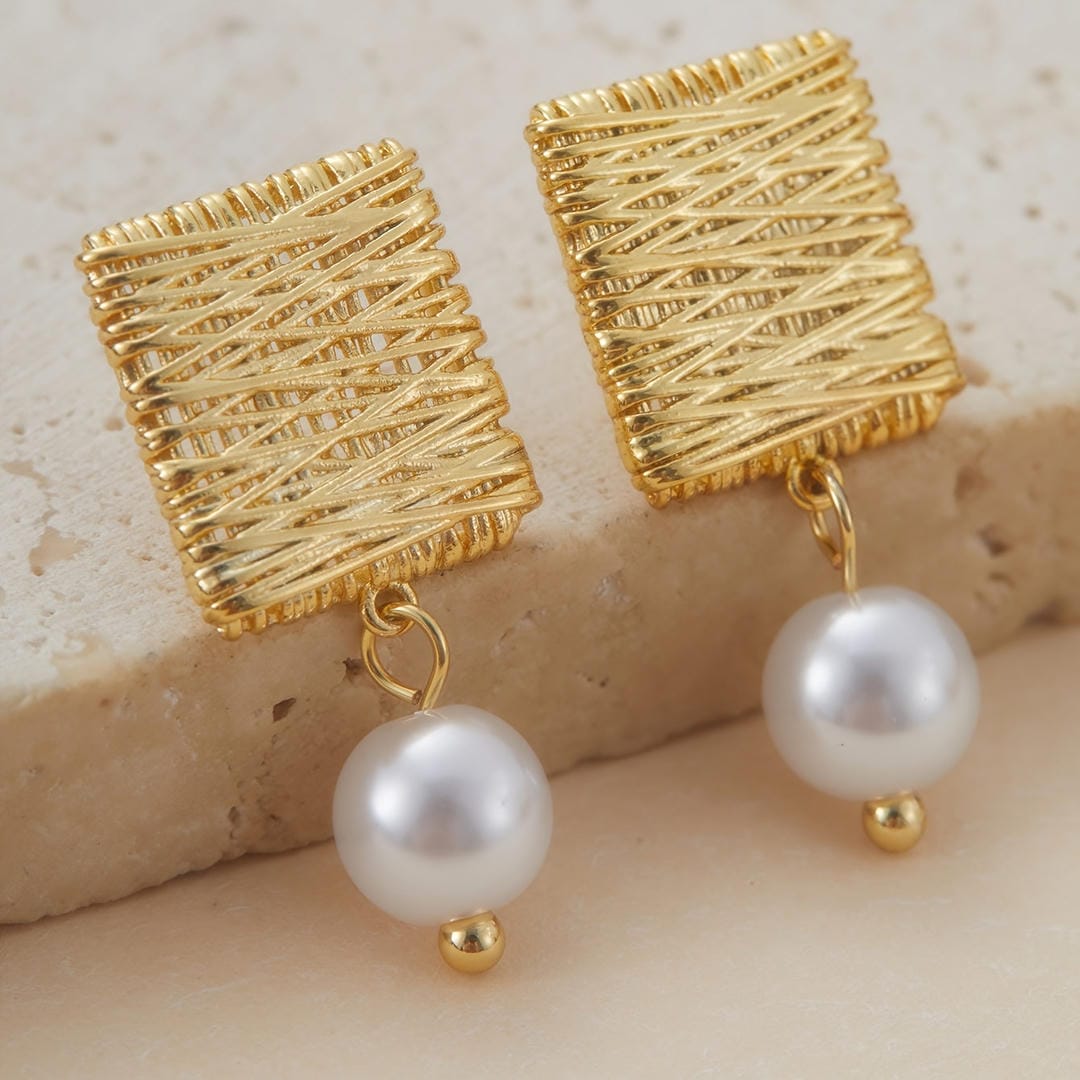 Woven Square Pearl Drop Earrings