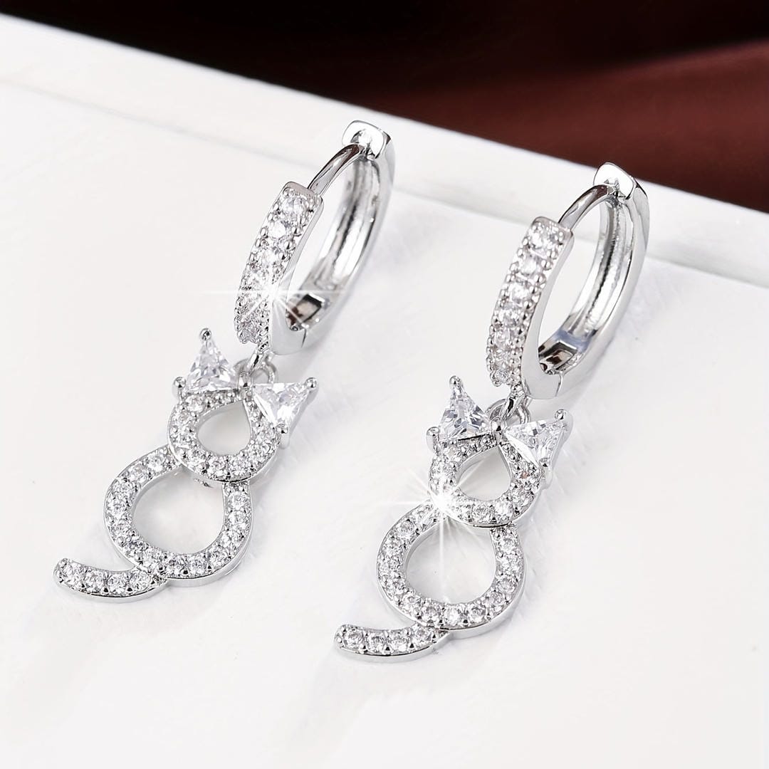 Crystal Cat Dangle Hoop Earrings