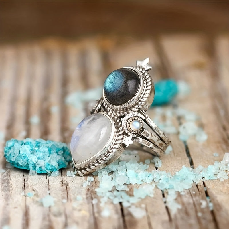 Celestial Moonstone Labradorite Silver Ring