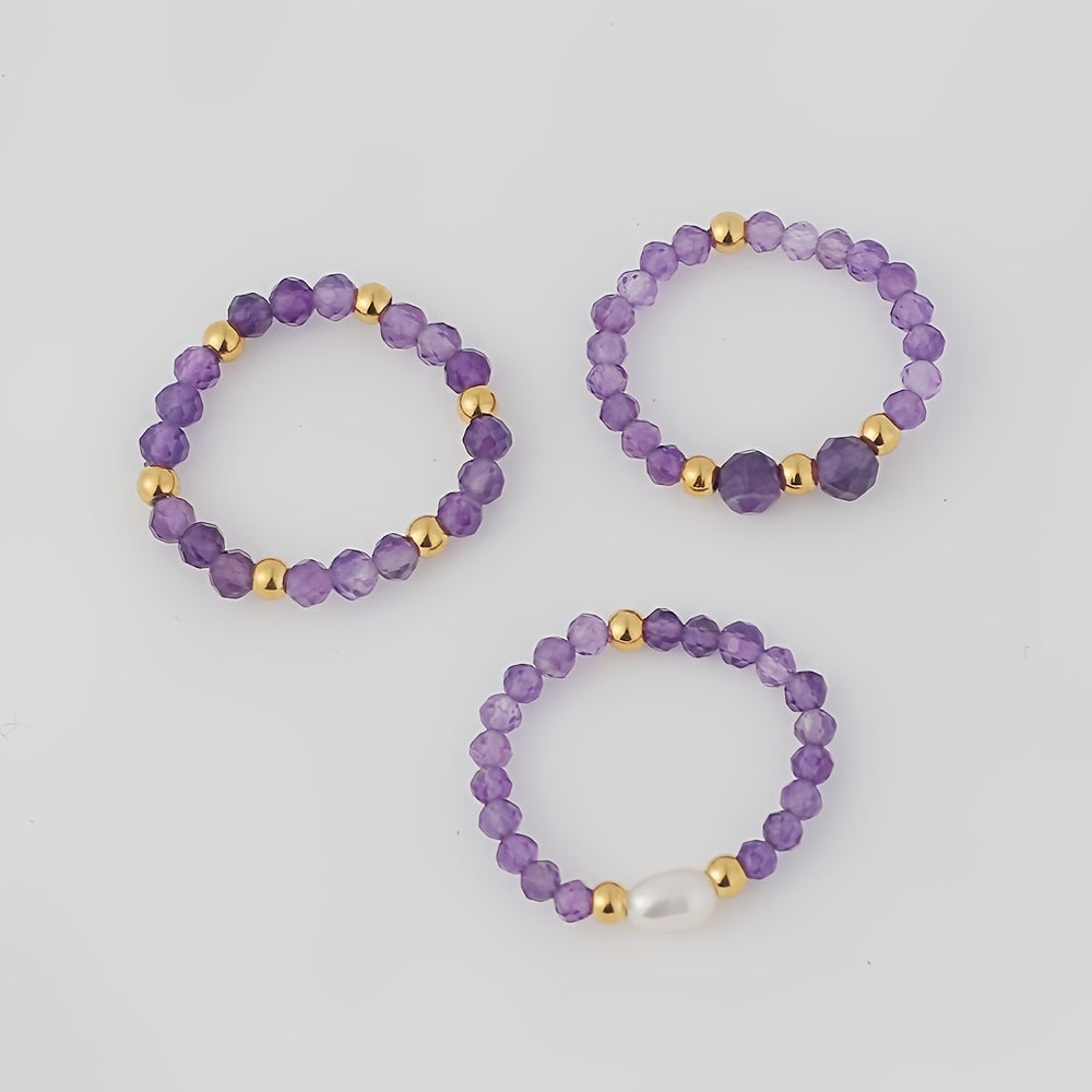 3pcs Set Amethyst Beaded Rings