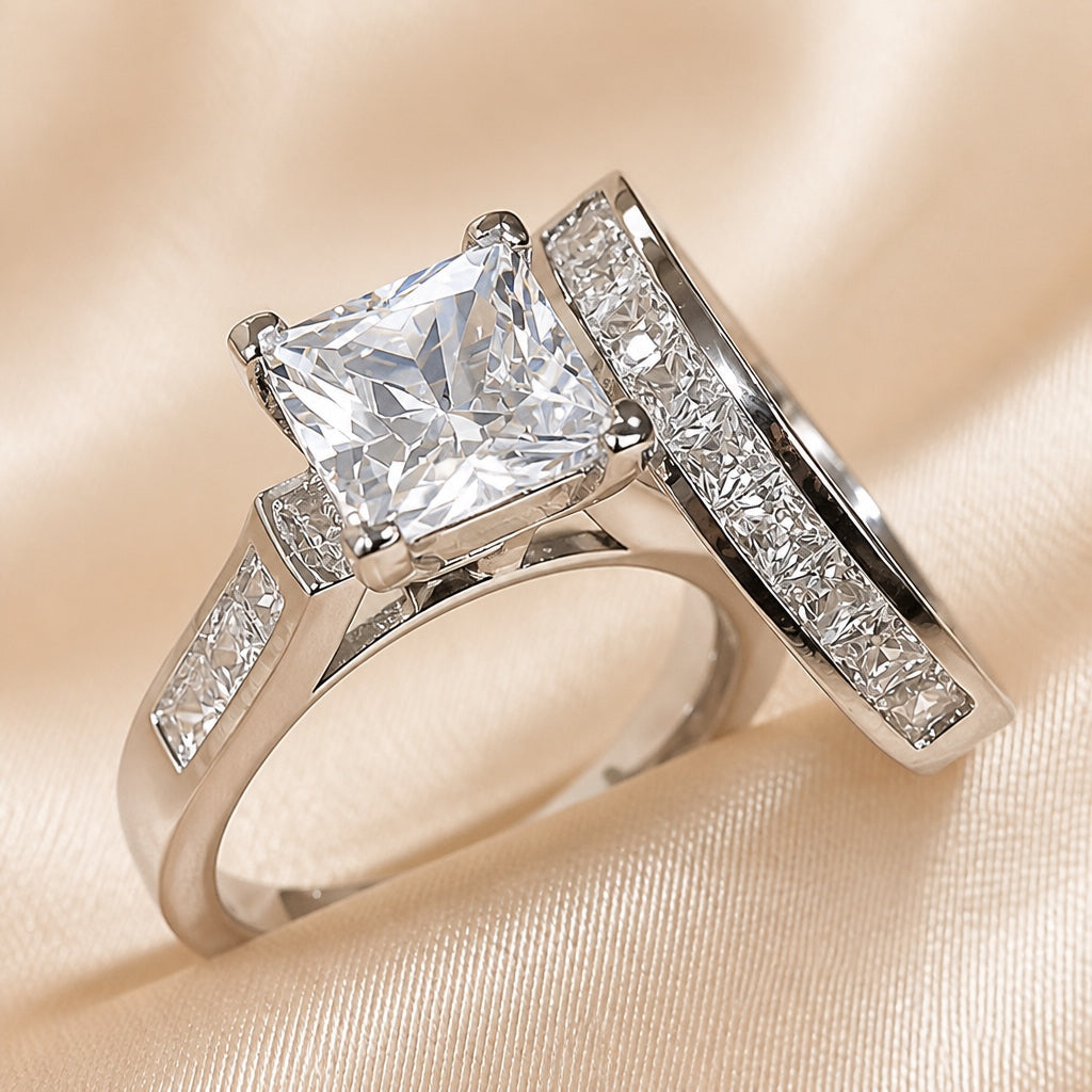 White Gold Square Zirconia Ring Set