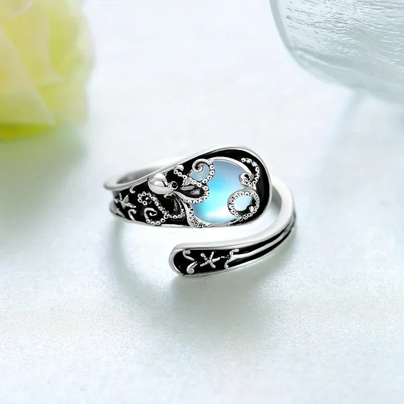 Silver Octopus Blue Moonstone Ring