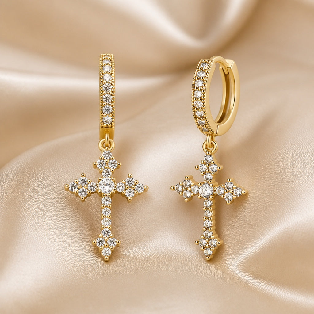 White Gold Cross Zirconia Inlaid Earrings