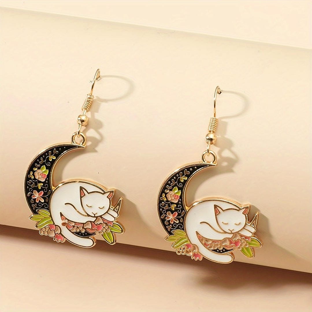 Sleeping Cat Moon Dangle Earrings