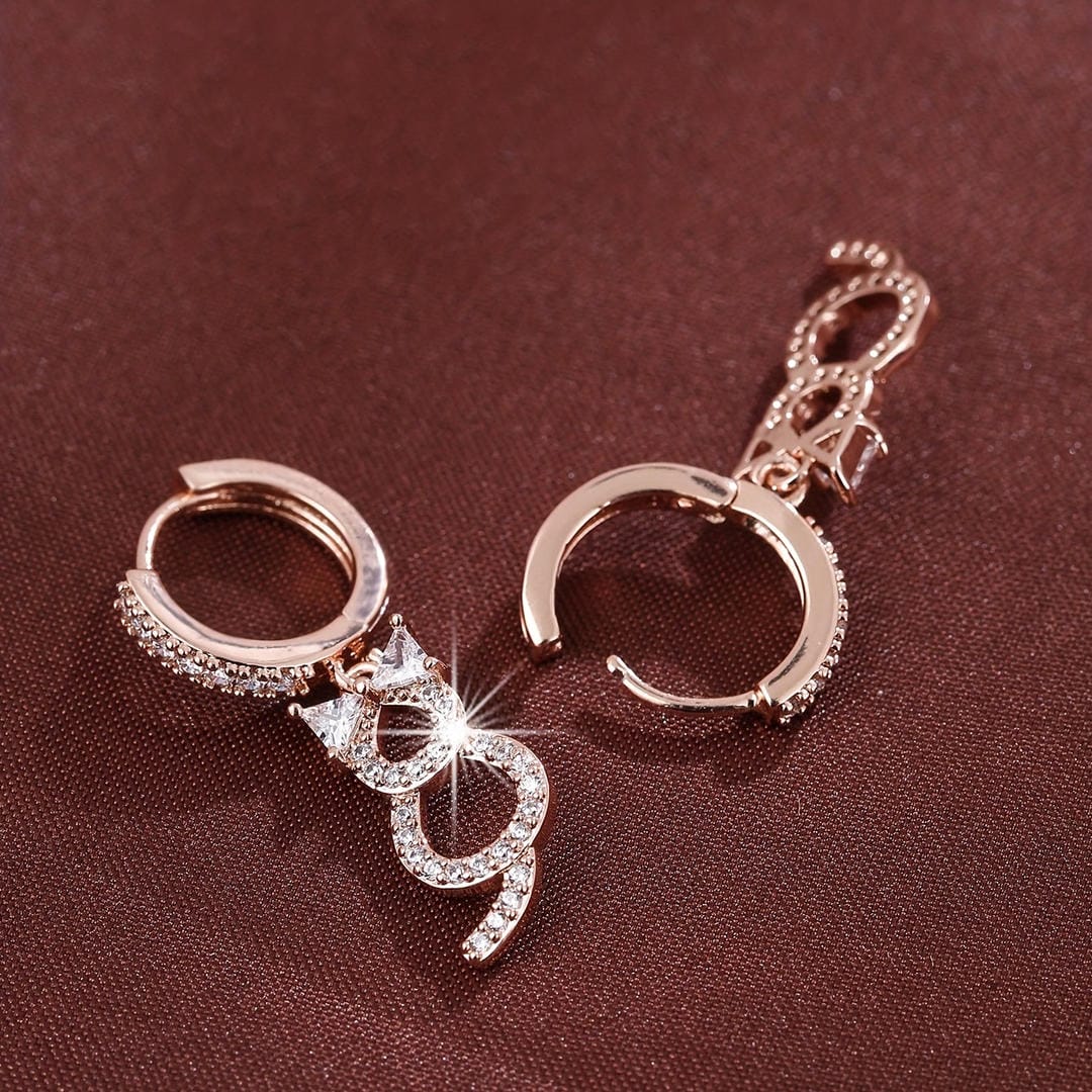 Crystal Cat Dangle Hoop Earrings