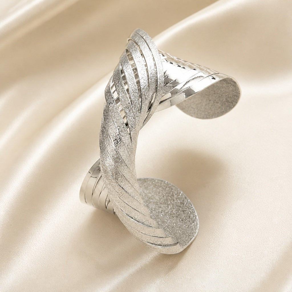Bold Twisted Line White Gold Matte Bangle