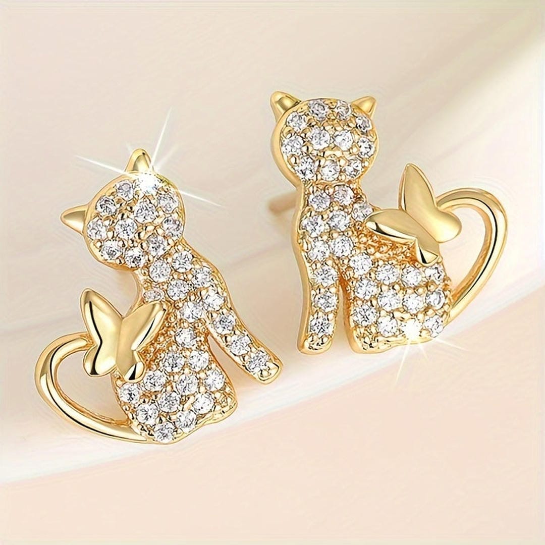 Golden Cat Zirconia Butterfly Stud Earrings
