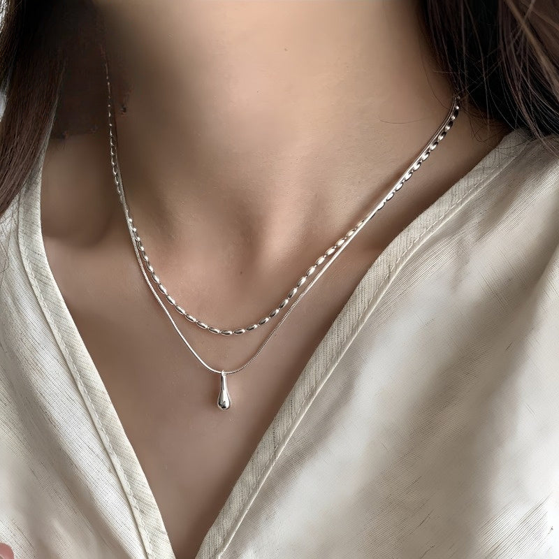 White Gold Double Layer Teardrop Pendant Necklace