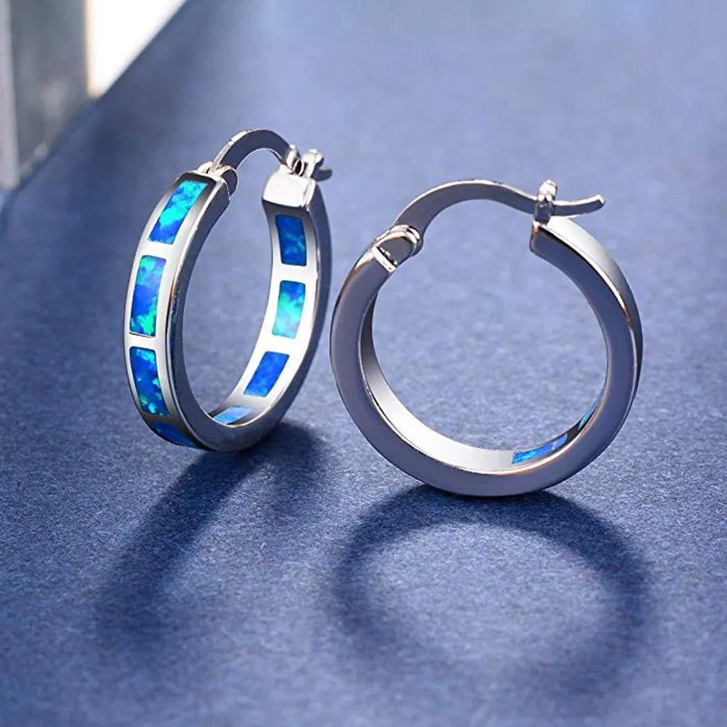 Blue Opal Circle Hoop Earrings