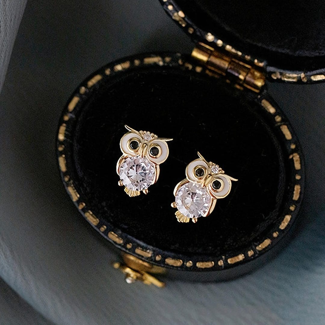 Gold Zirconia Owl Stud Earrings