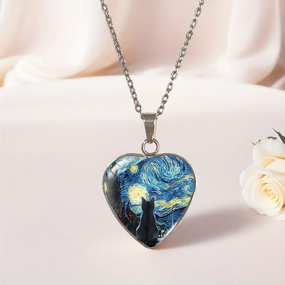 Silver Starry Night Cat Heart Necklace