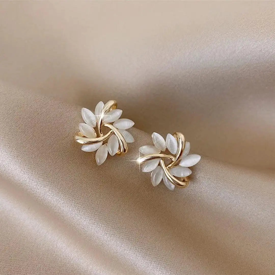 Gold Leaf White Opal Stud Earrings