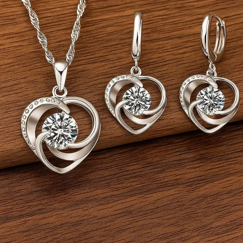 Sterling Silver Heart Necklace and Earrings