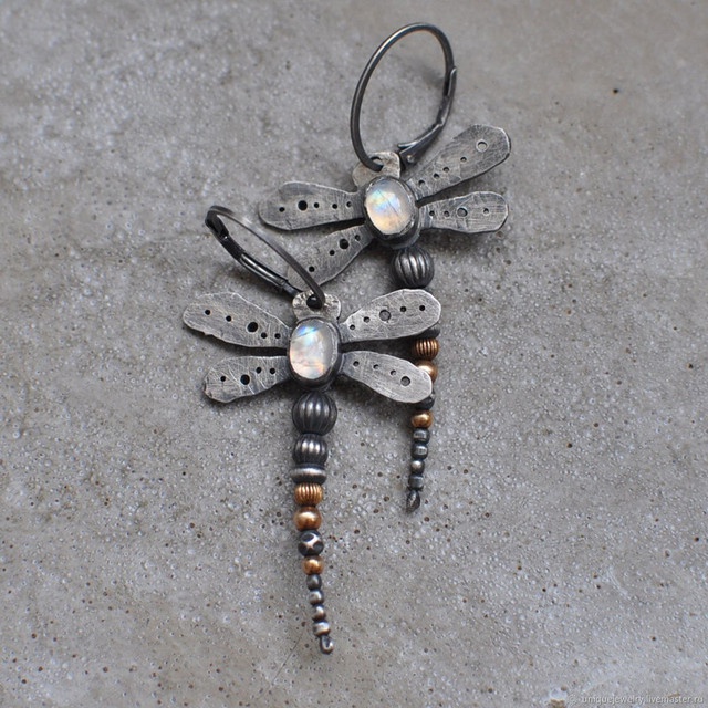 Vintage Dragonfly Moonstone Drop Earrings