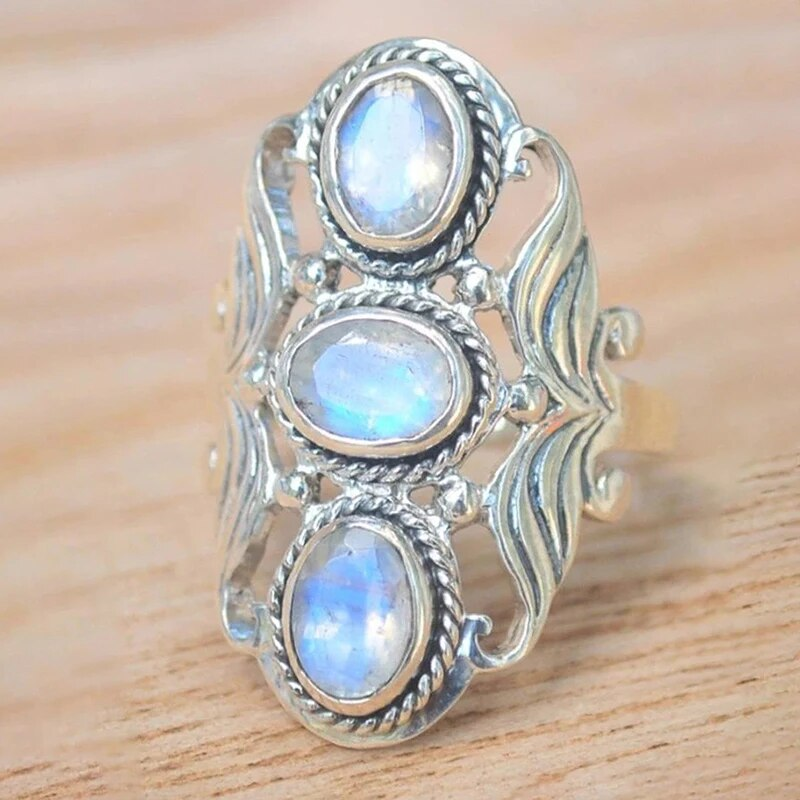 Vintage Triple Moonstone Silver Ring