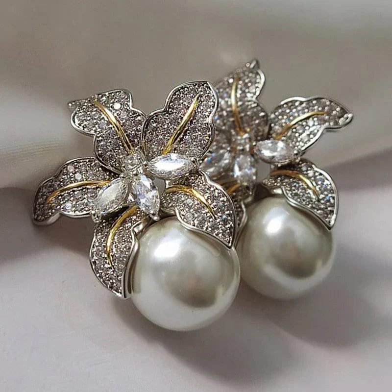 White Gold Blossom Pearl Earrings