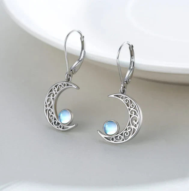 Celestial Silver Moonstone Crescent Earrings