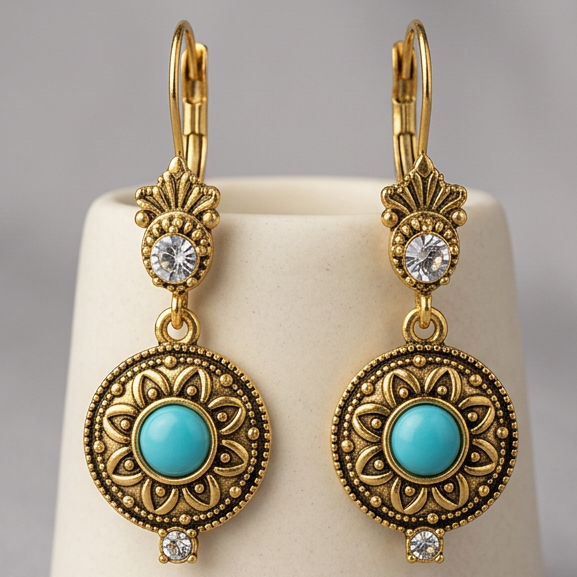 Vintage Crystal Medallion Drop Earrings