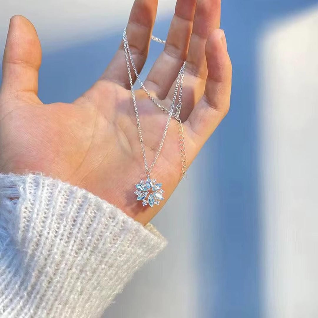 Blue Snowflake White Gold Flower Pendant Necklace