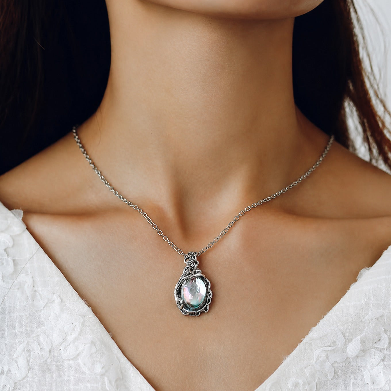 Antique Silver Aura Quartz Necklace