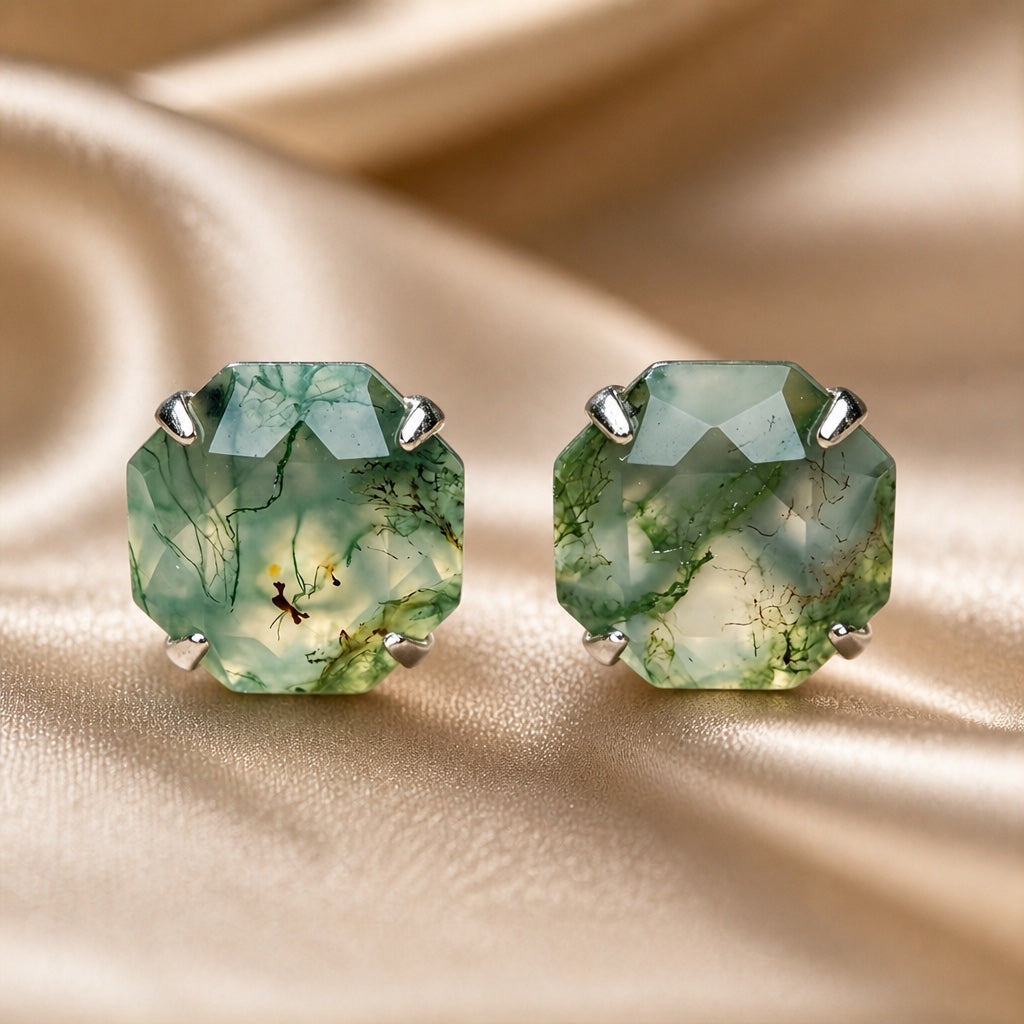 Moss Agate Octagonal Stud Earrings