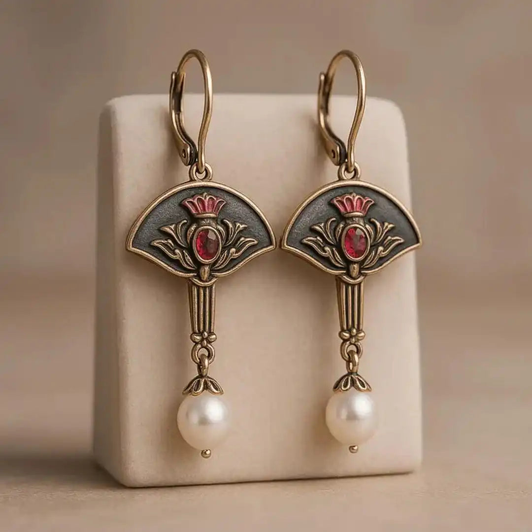 Retro Earrings with Red Crystal and Pearls