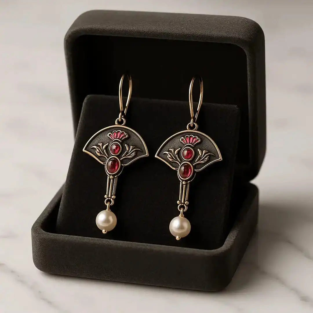 Retro Earrings with Red Crystal and Pearls