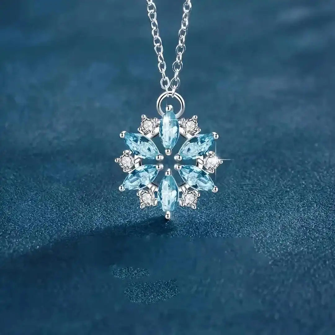 Blue Snowflake White Gold Flower Pendant Necklace