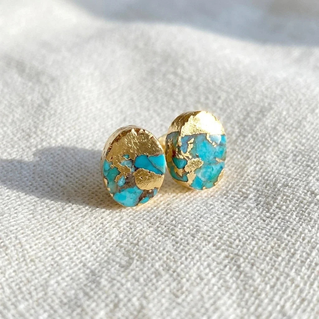 Gold Turquoise Line Oval Earrings