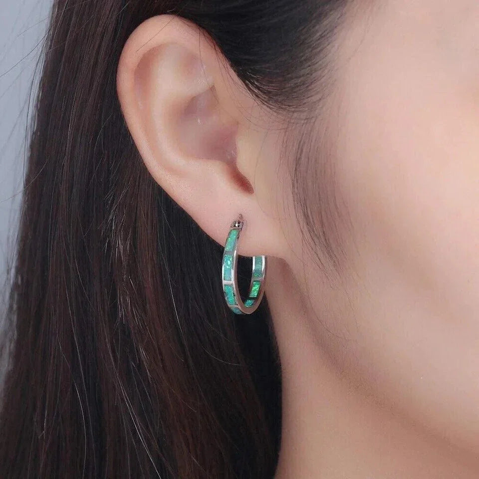 Blue Opal Circle Hoop Earrings