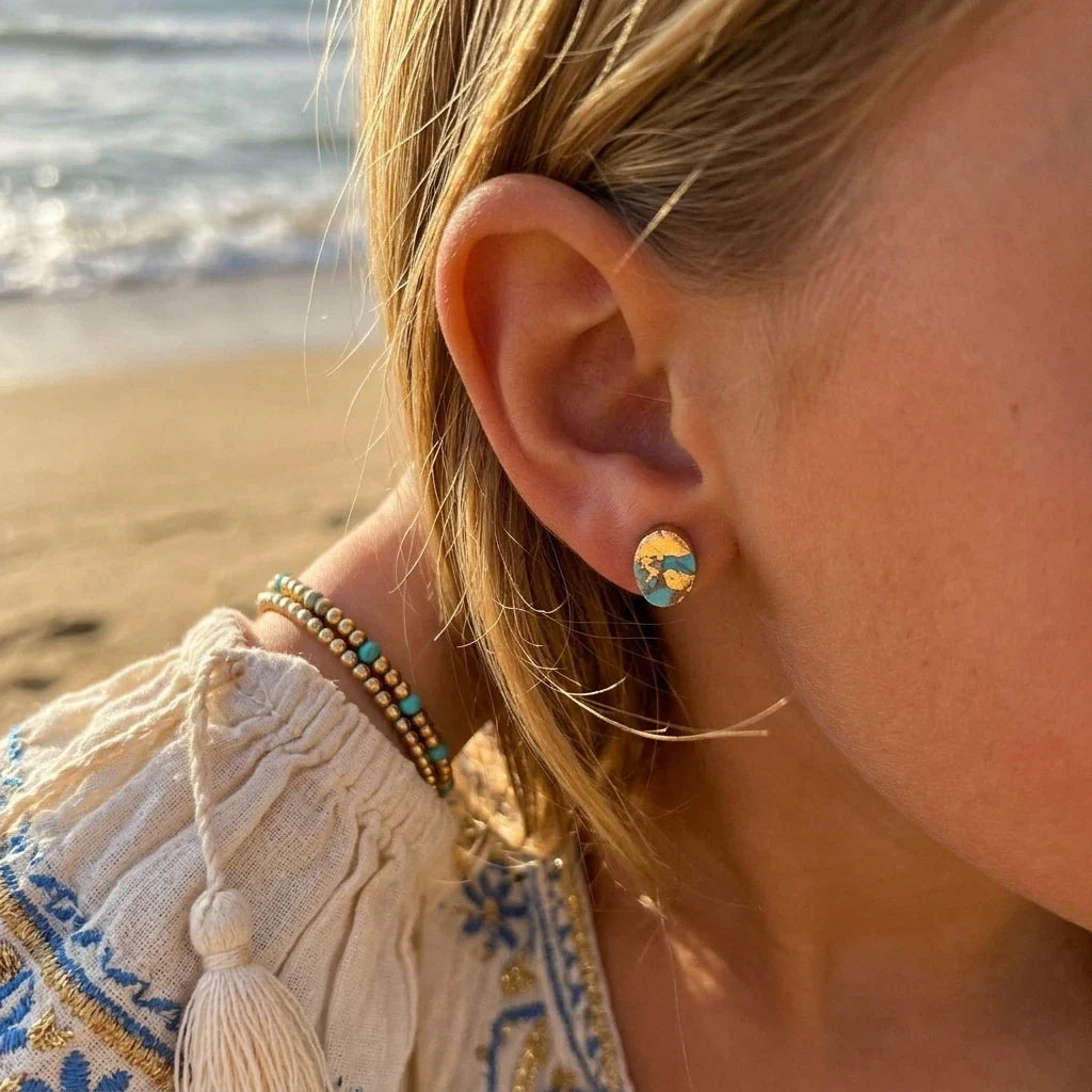 Gold Turquoise Line Oval Earrings